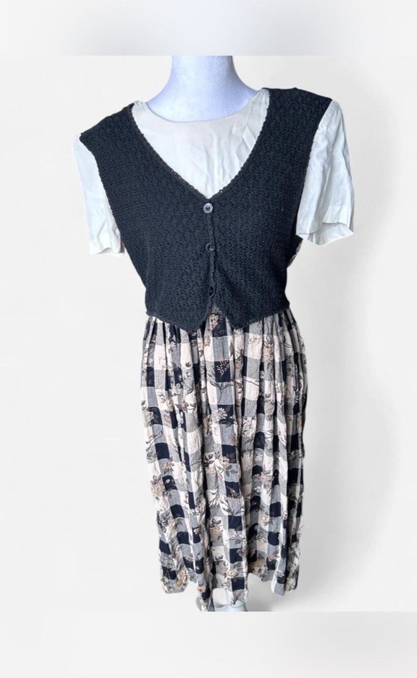 Allison-Che Black White Check Knit Midi Dress Belted Buttons Zip Crew Neck 12